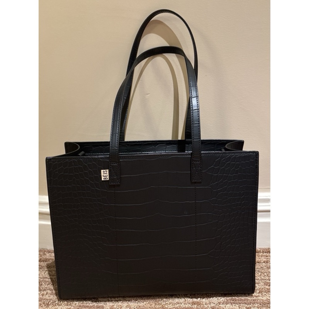 BEIS Black Croc-Embossed Tote Bag